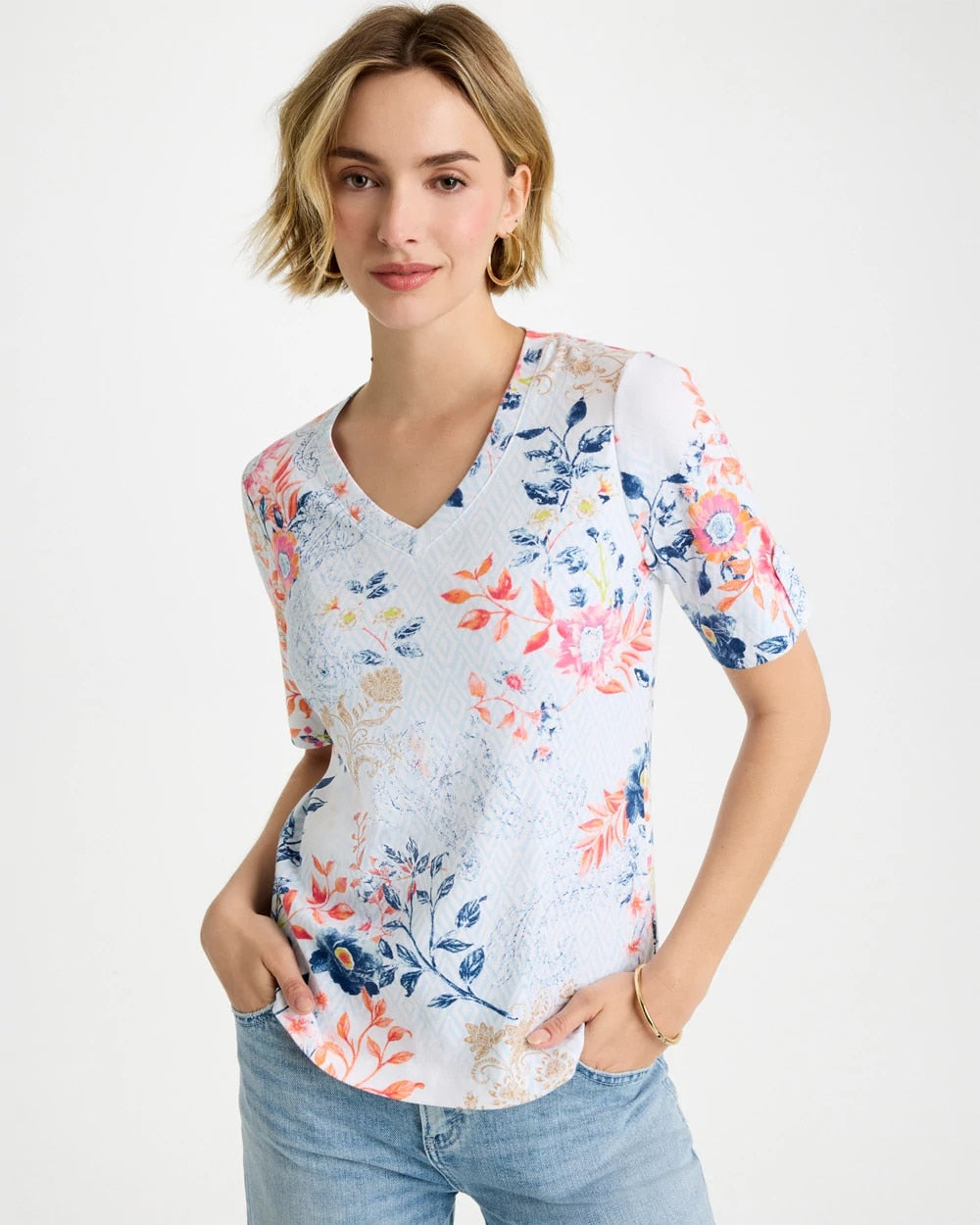 Chico's | Pima Floral Elbow Sleeve Tee/ Calypso Coral