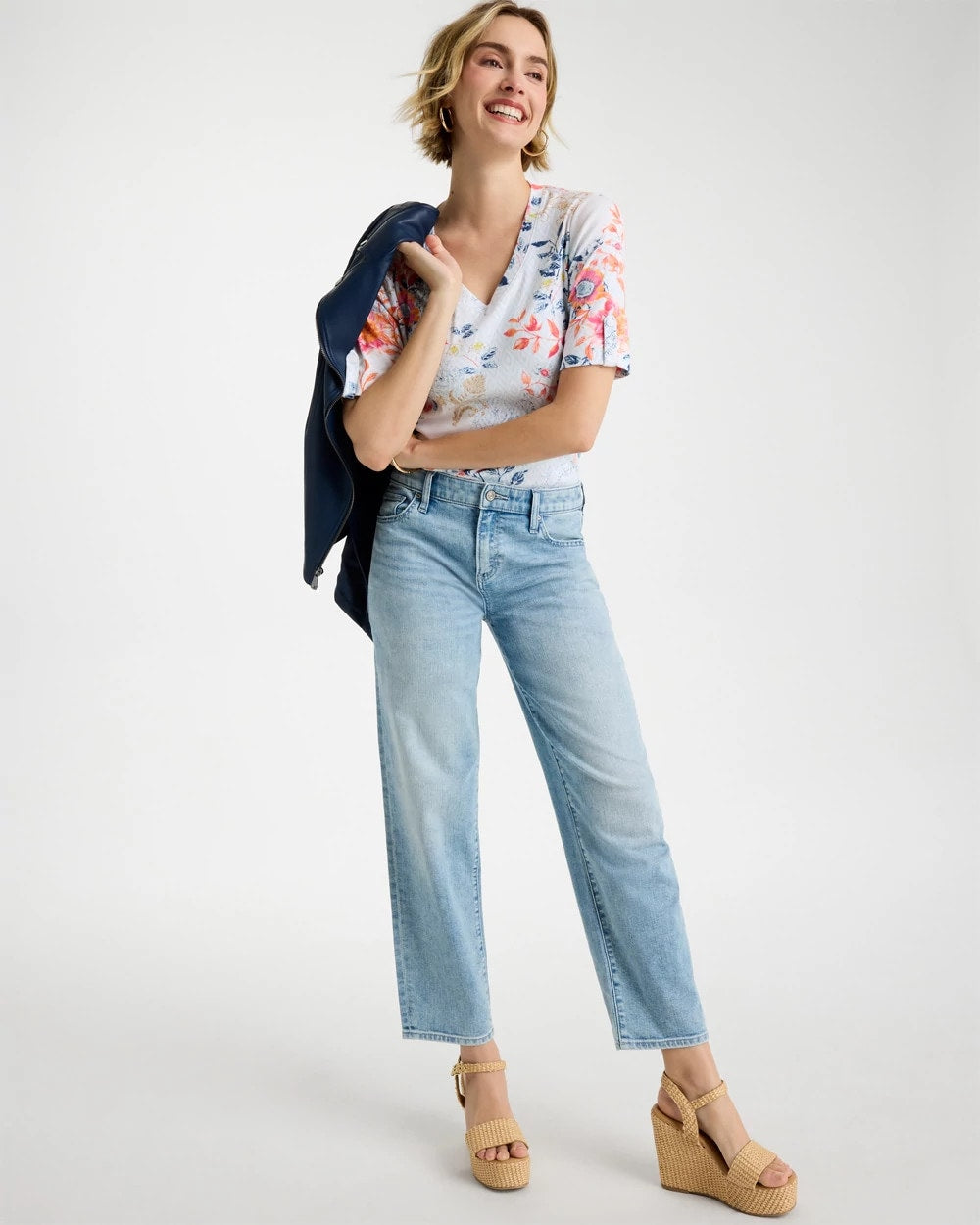 Chico's | Pima Floral Elbow Sleeve Tee/ Calypso Coral