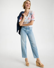 Chico's | Pima Floral Elbow Sleeve Tee/ Calypso Coral