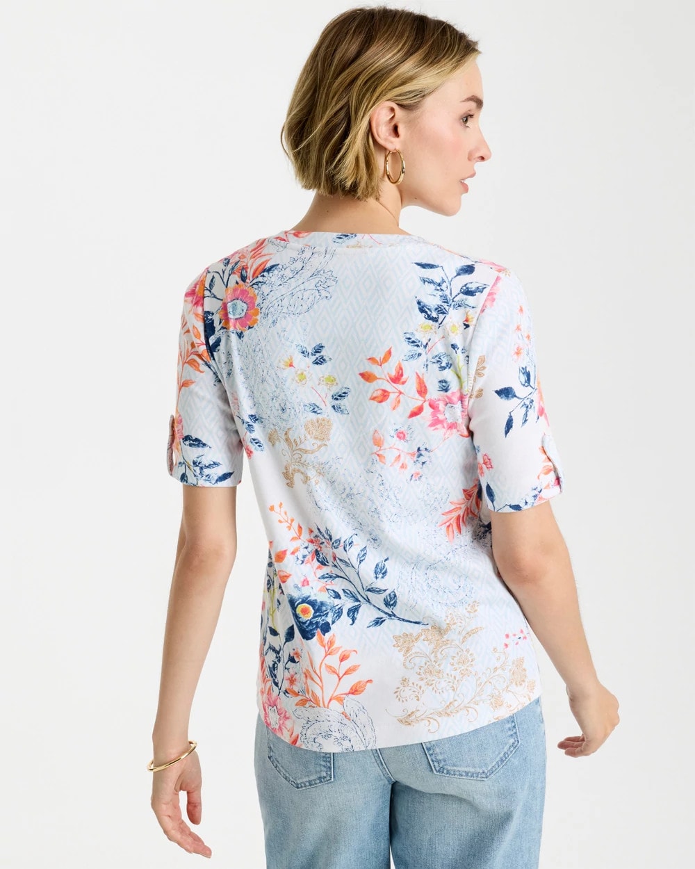 Chico's | Pima Floral Elbow Sleeve Tee/ Calypso Coral