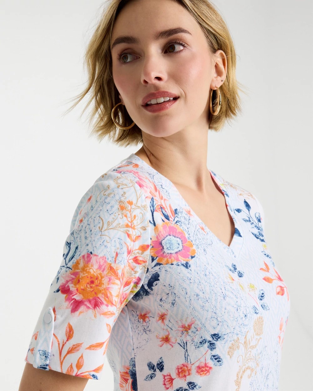 Chico's | Pima Floral Elbow Sleeve Tee/ Calypso Coral