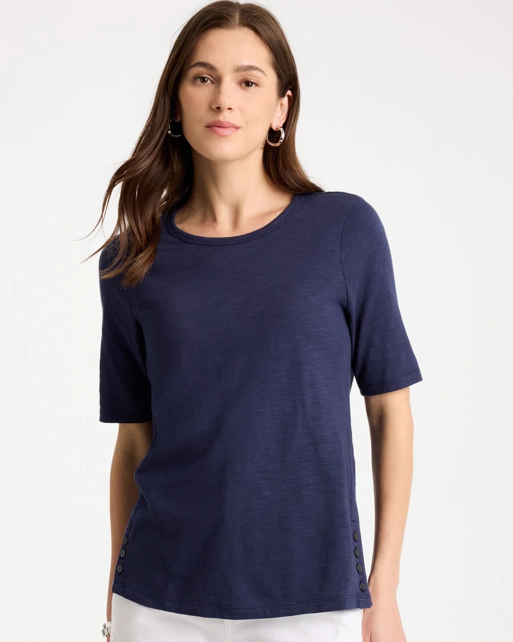 Chico's | Cotton Slub Crewneck Button Tee/ Passport Blue