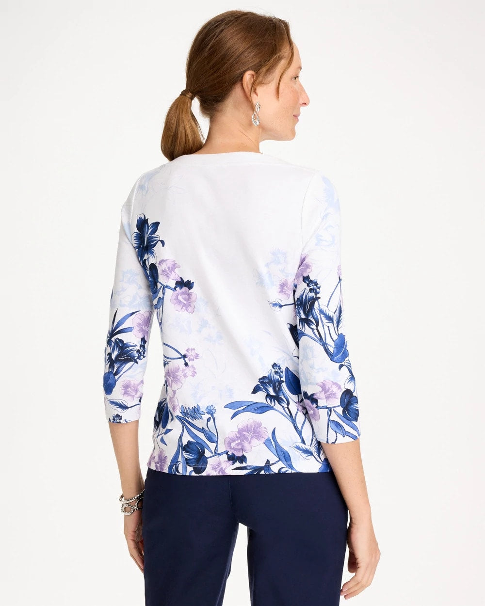 Chico's | Printed Pima 3/4 Sleeve Tee/ Passport Blue