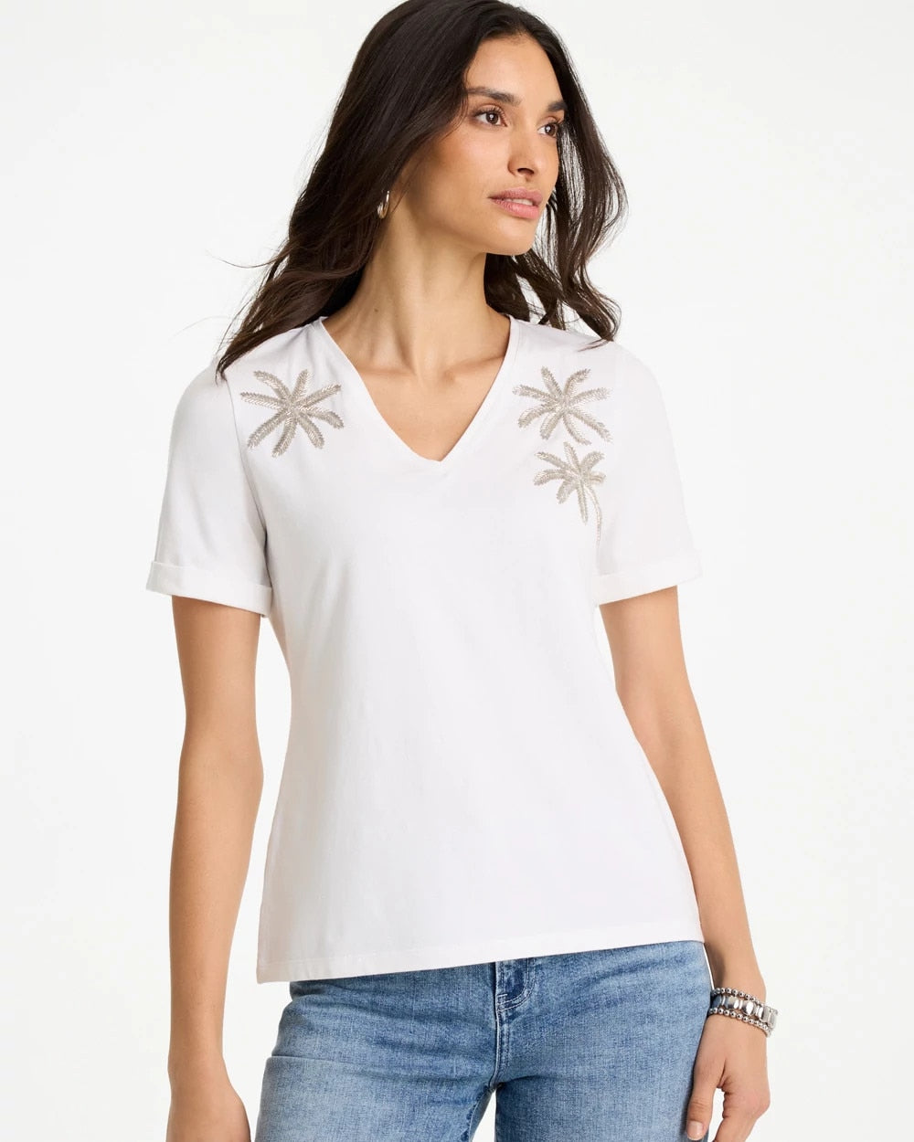 Chico's | Cotton Stretch Palm Sequin Tee/ Alabaster