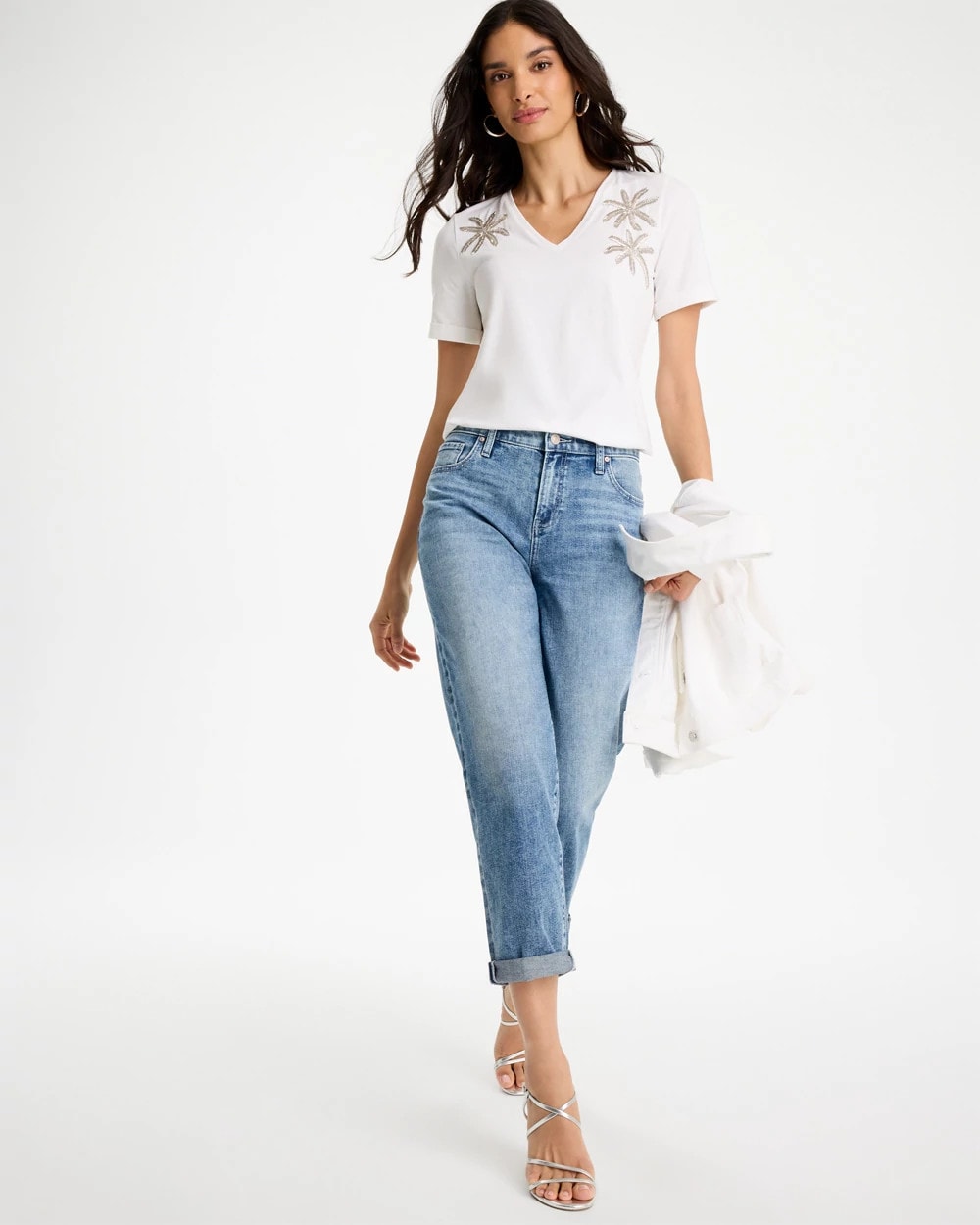 Chico's | Cotton Stretch Palm Sequin Tee/ Alabaster