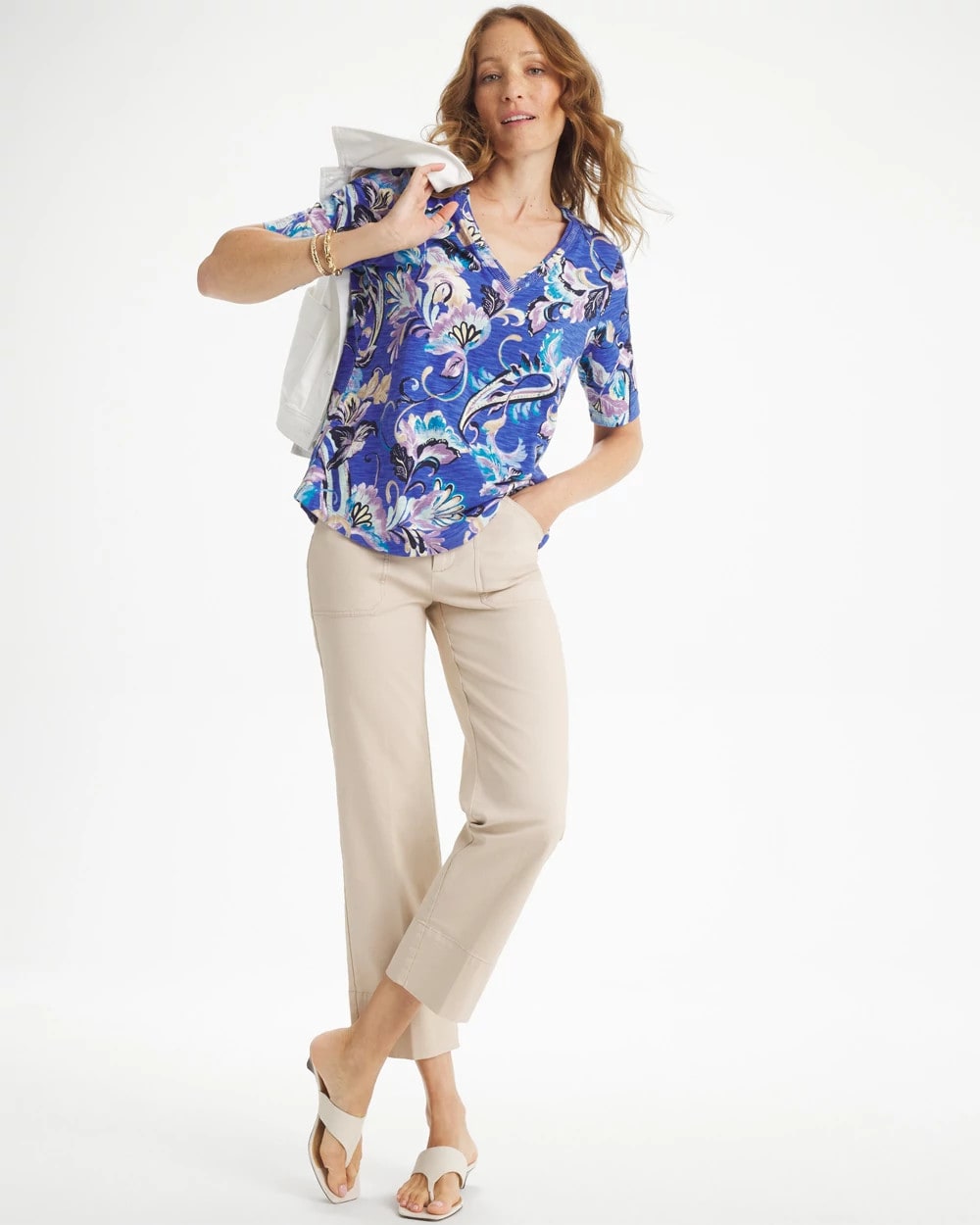 Chico's | Paisley Cotton Slub V-Neck Tee/ Amparo Blue