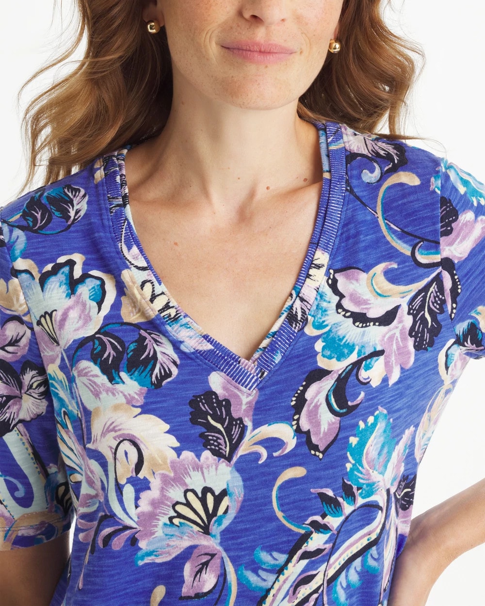 Chico's | Paisley Cotton Slub V-Neck Tee/ Amparo Blue