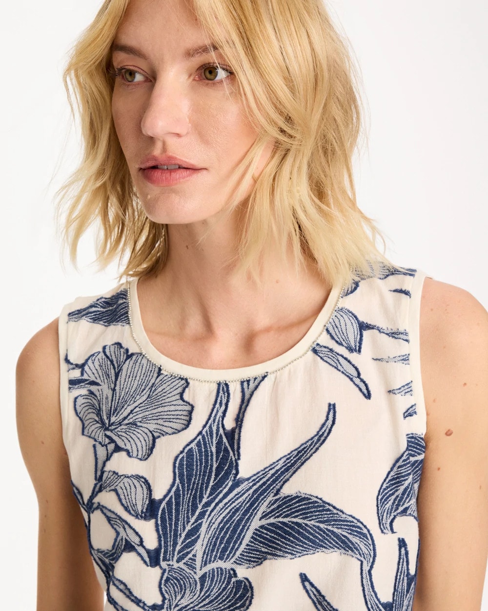 Chico's | Caviar Trim Floral Tank/ Ecru