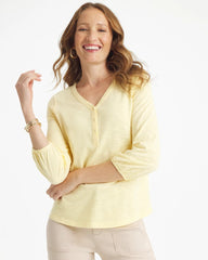 Chico's | Puff Sleeve Cotton Slub Henley Tee/ Golden Haze