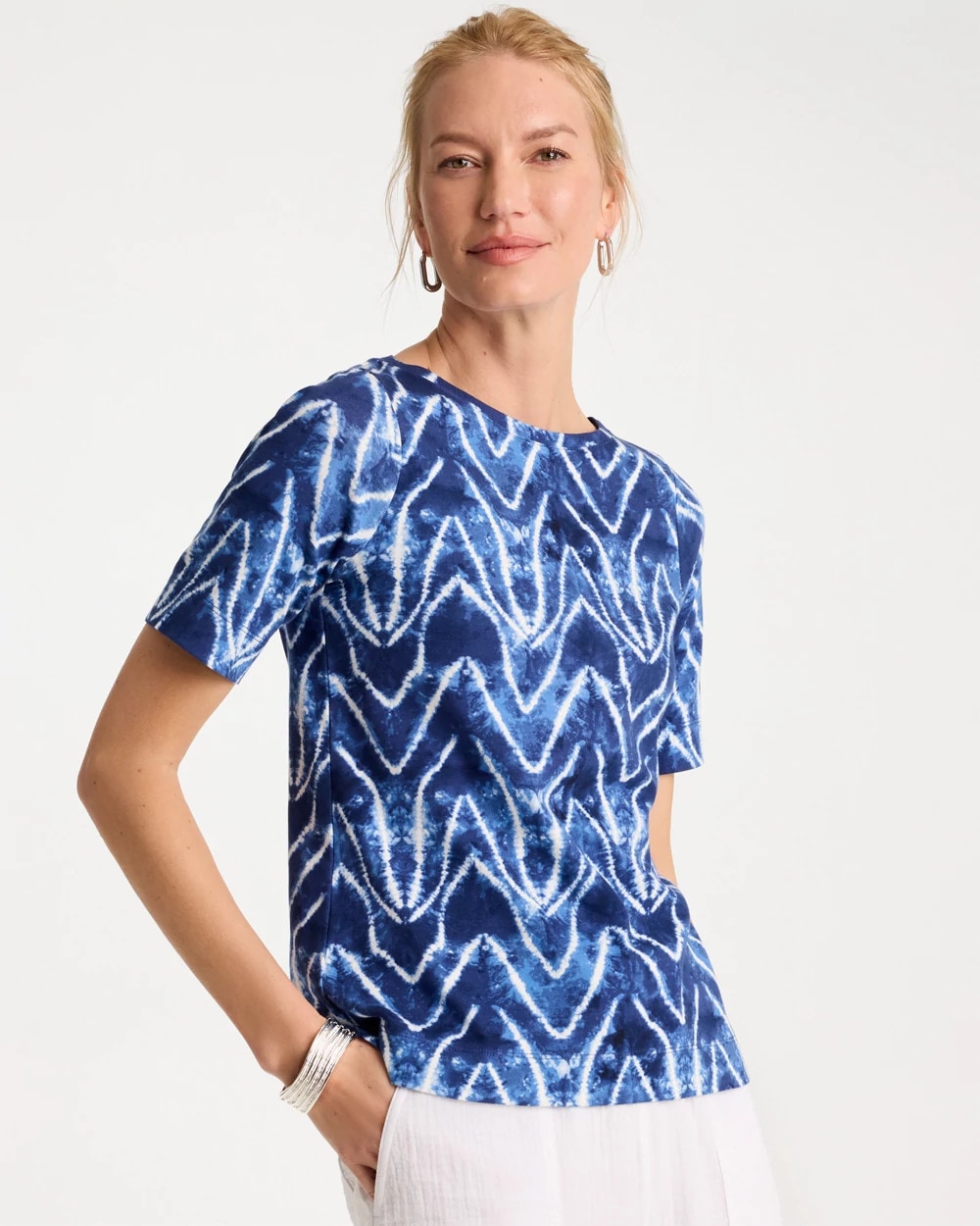 Chico's | Tie Dye Chevron Pima Elbow Sleeve Tee/ Passport Blue