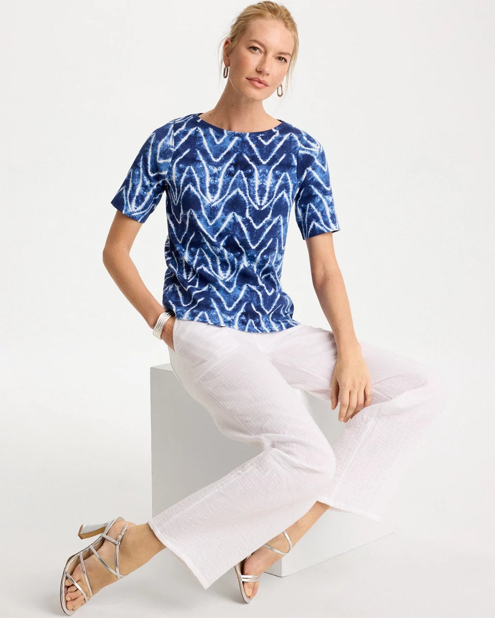 Chico's | Tie Dye Chevron Pima Elbow Sleeve Tee/ Passport Blue