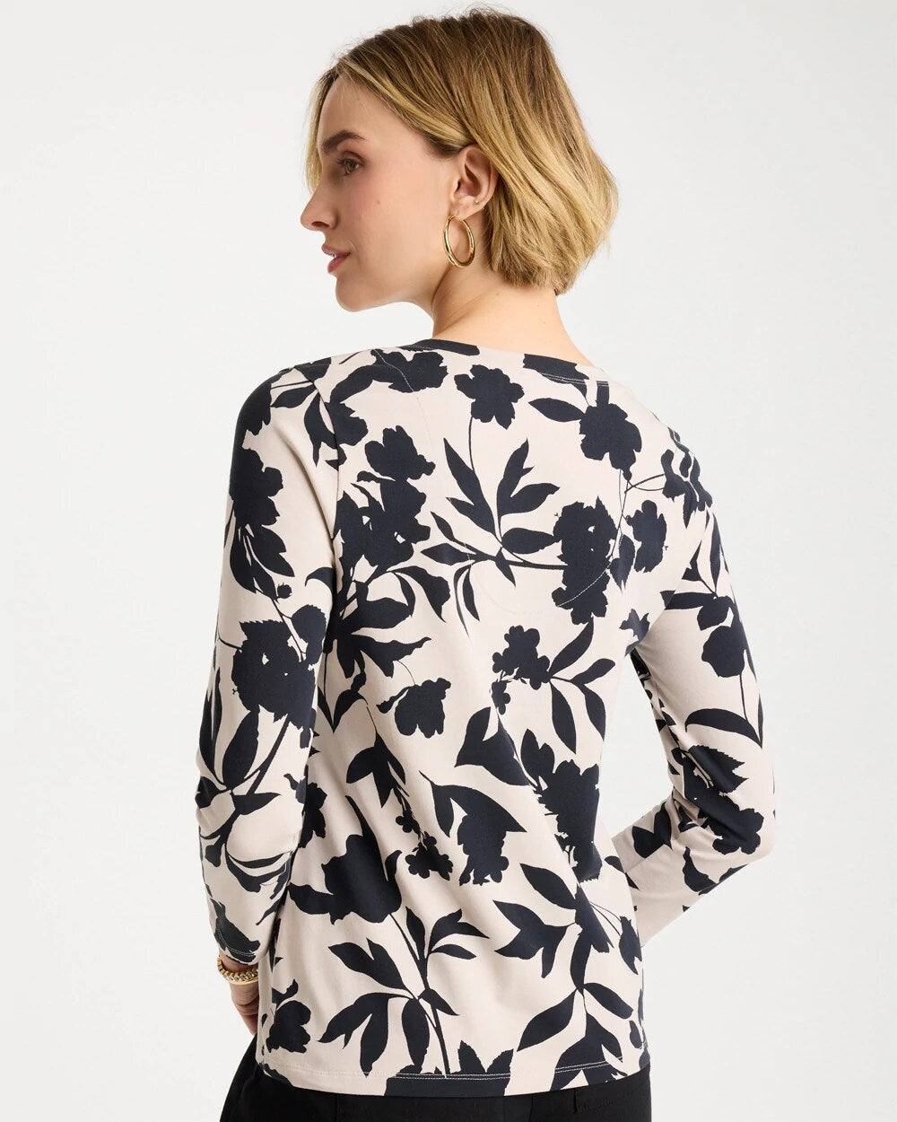 Chico's | Cotton Stretch 3/4 Sleeve Floral Tee/ Black