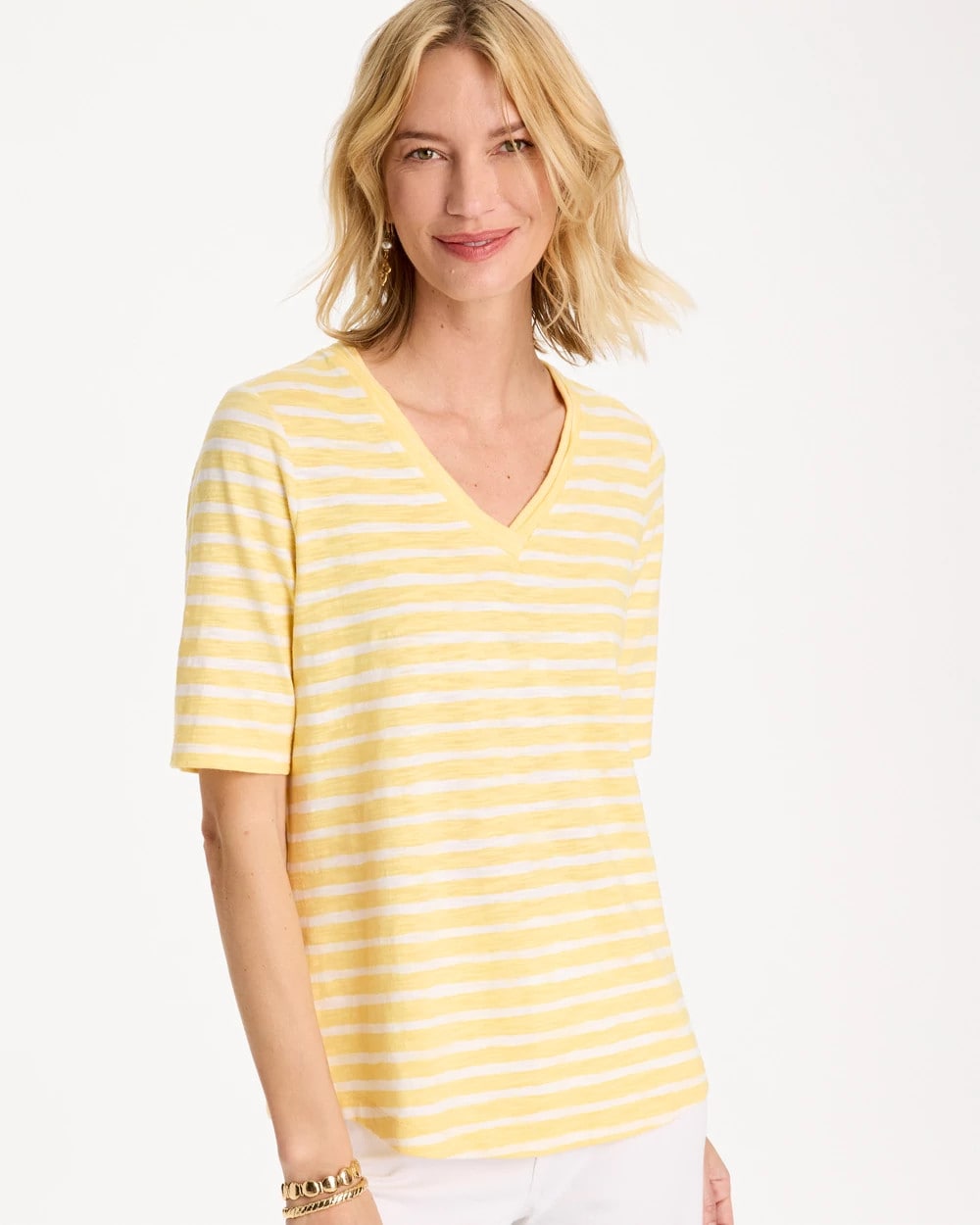 Chico's | Striped Cotton Slub V-Neck Tee/ Golden Haze