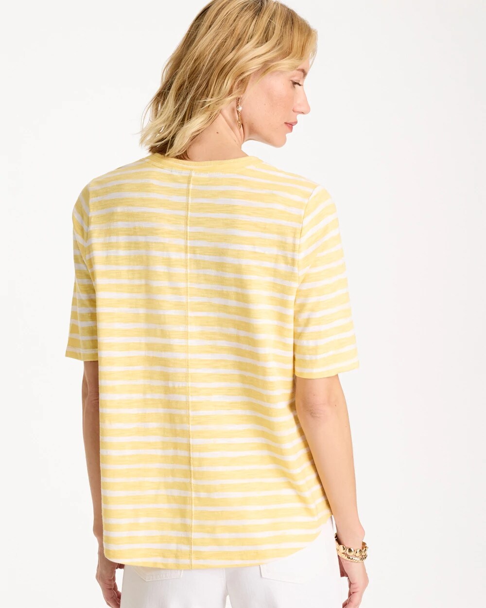 Chico's | Striped Cotton Slub V-Neck Tee/ Golden Haze