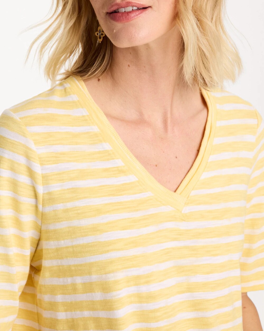 Chico's | Striped Cotton Slub V-Neck Tee/ Golden Haze