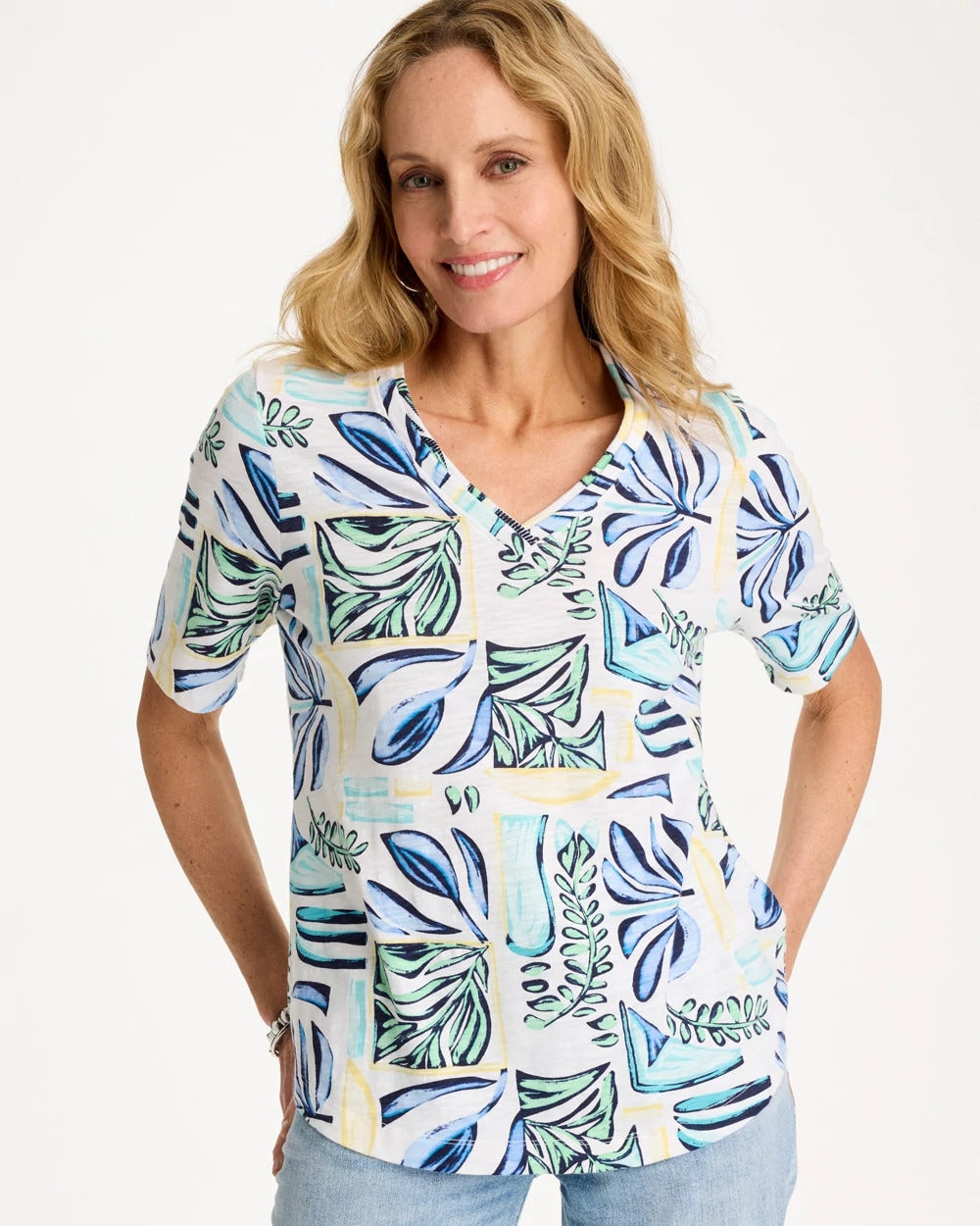 Chico's | Palm Cotton Slub V-Neck Tee/ Green Clover