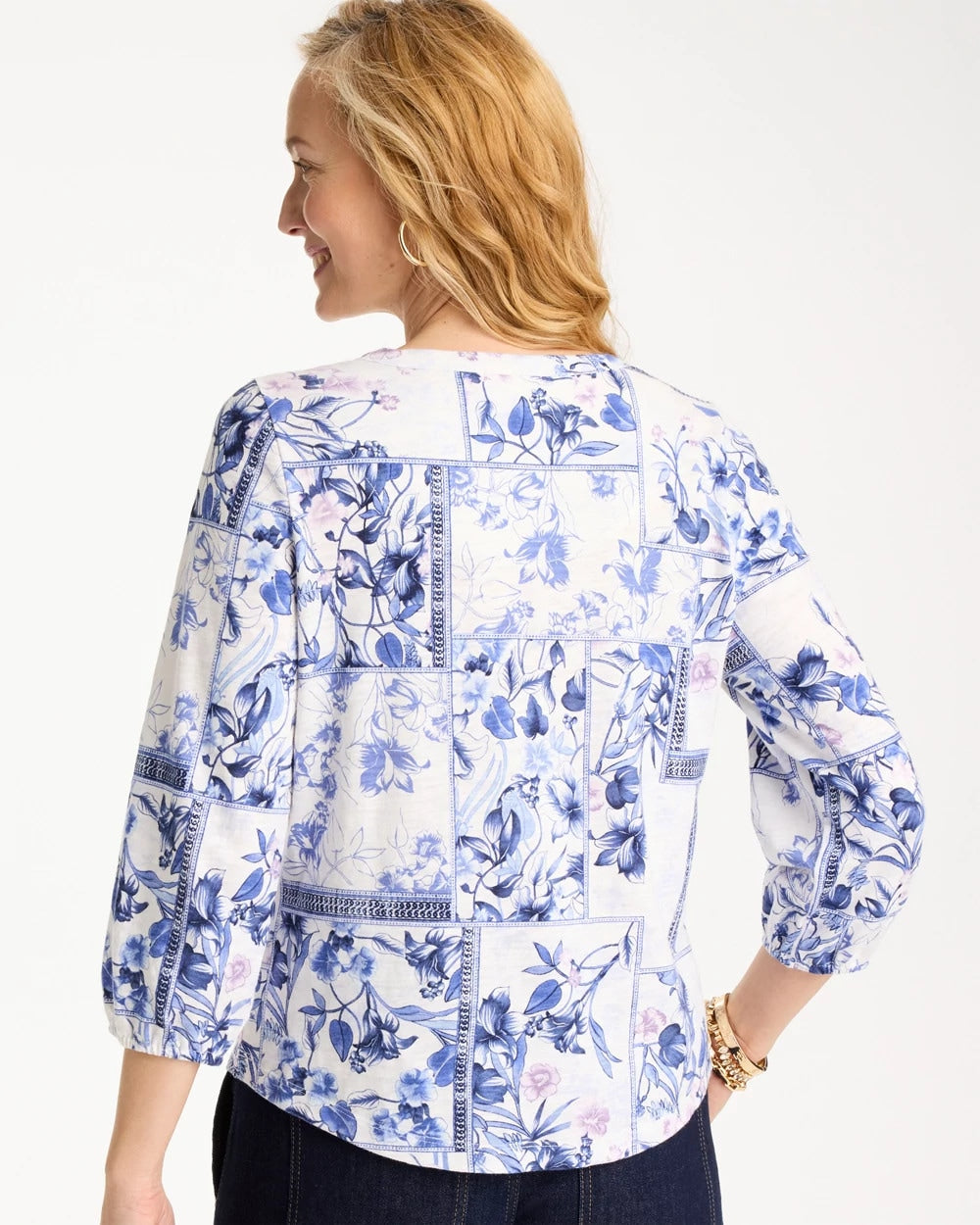 Chico's | Elle Puff Sleeve Cotton Slub Henley Tee/ Passport Blue
