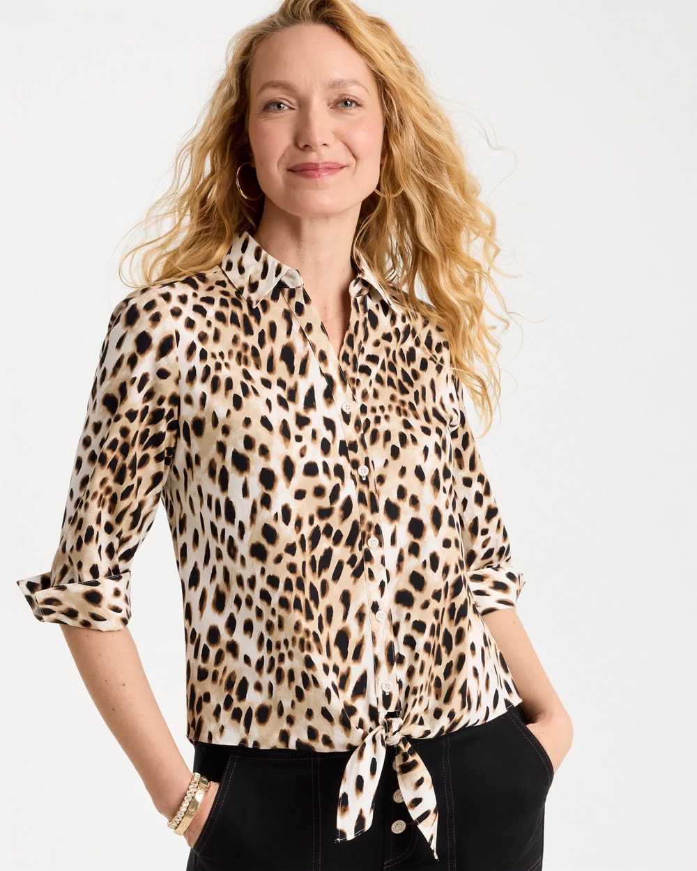 Chico's | Poplin Cotton Animal Print Tie-Front Top/ Black