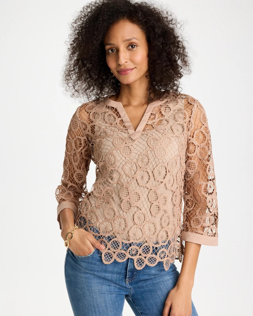 Chico's | Mixed-Media Medallion Lace Top/ Mocha Mousse