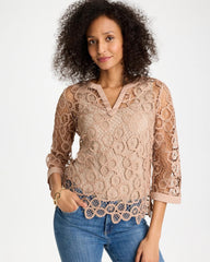 Chico's | Mixed-Media Medallion Lace Top/ Mocha Mousse