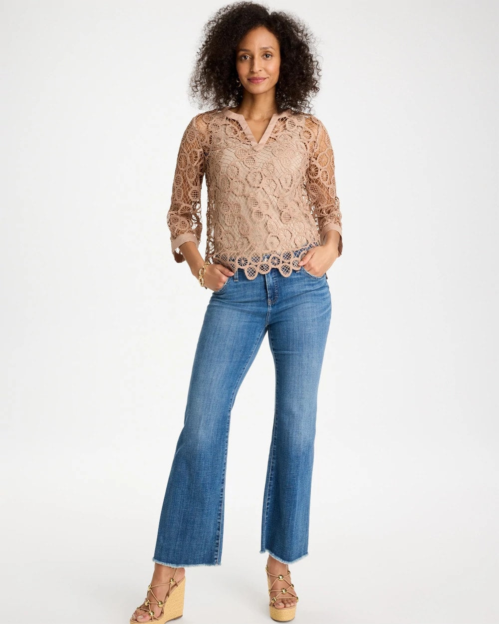 Chico's | Mixed-Media Medallion Lace Top/ Mocha Mousse