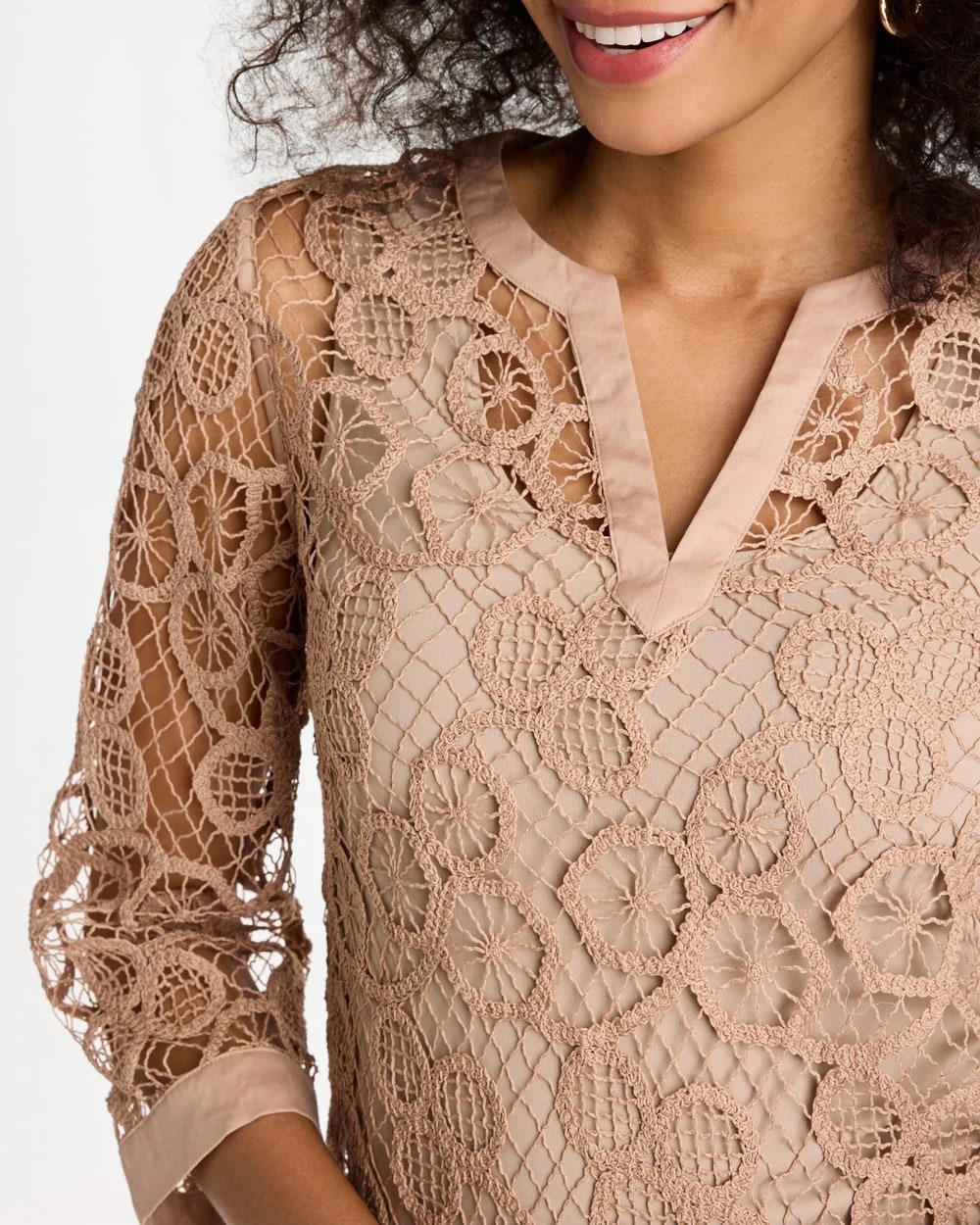 Chico's | Mixed-Media Medallion Lace Top/ Mocha Mousse