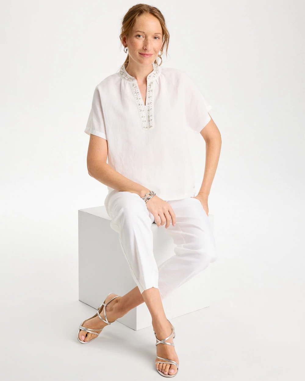 Chico's | Linen Embellished Popover Top/ Alabaster