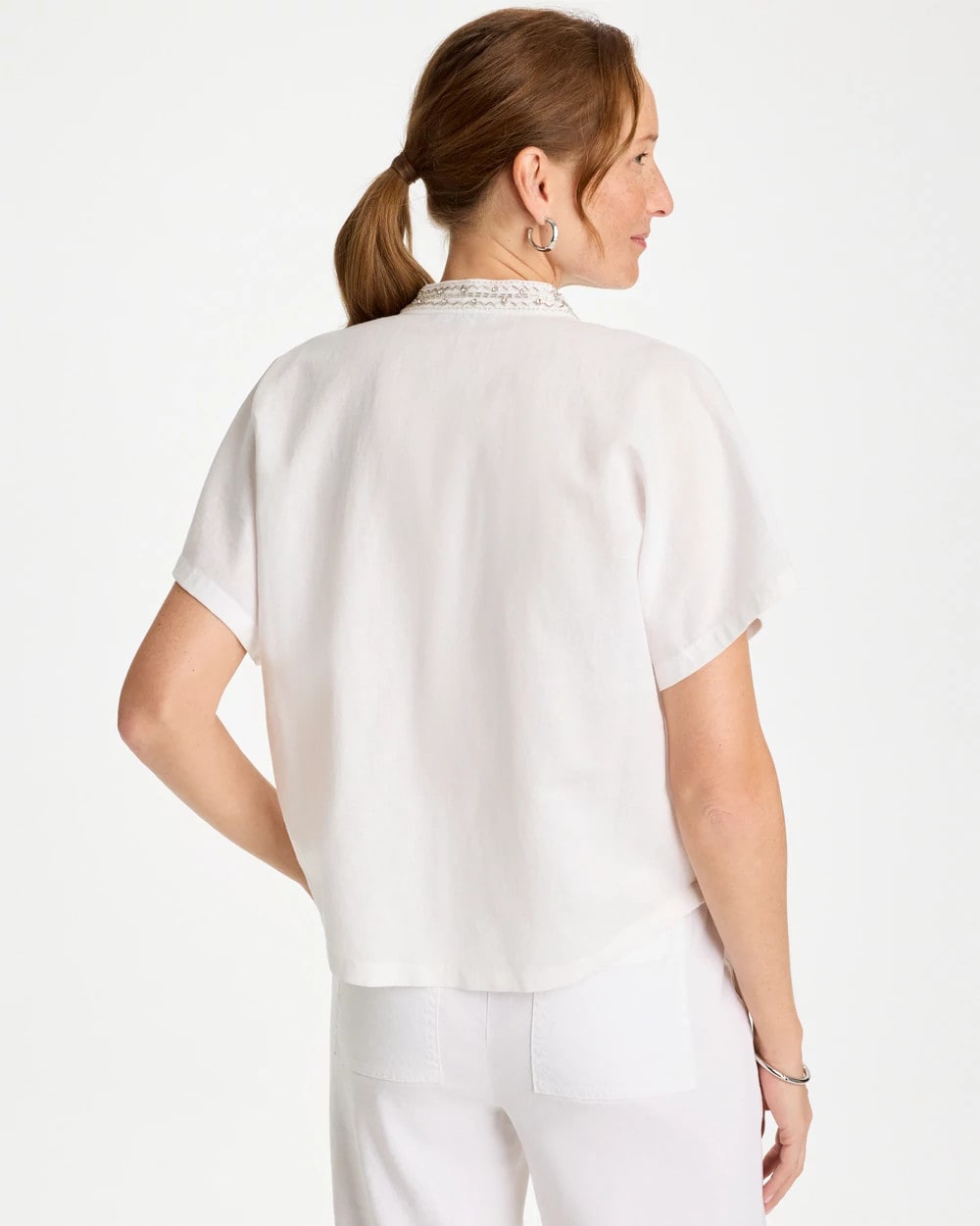 Chico's | Linen Embellished Popover Top/ Alabaster