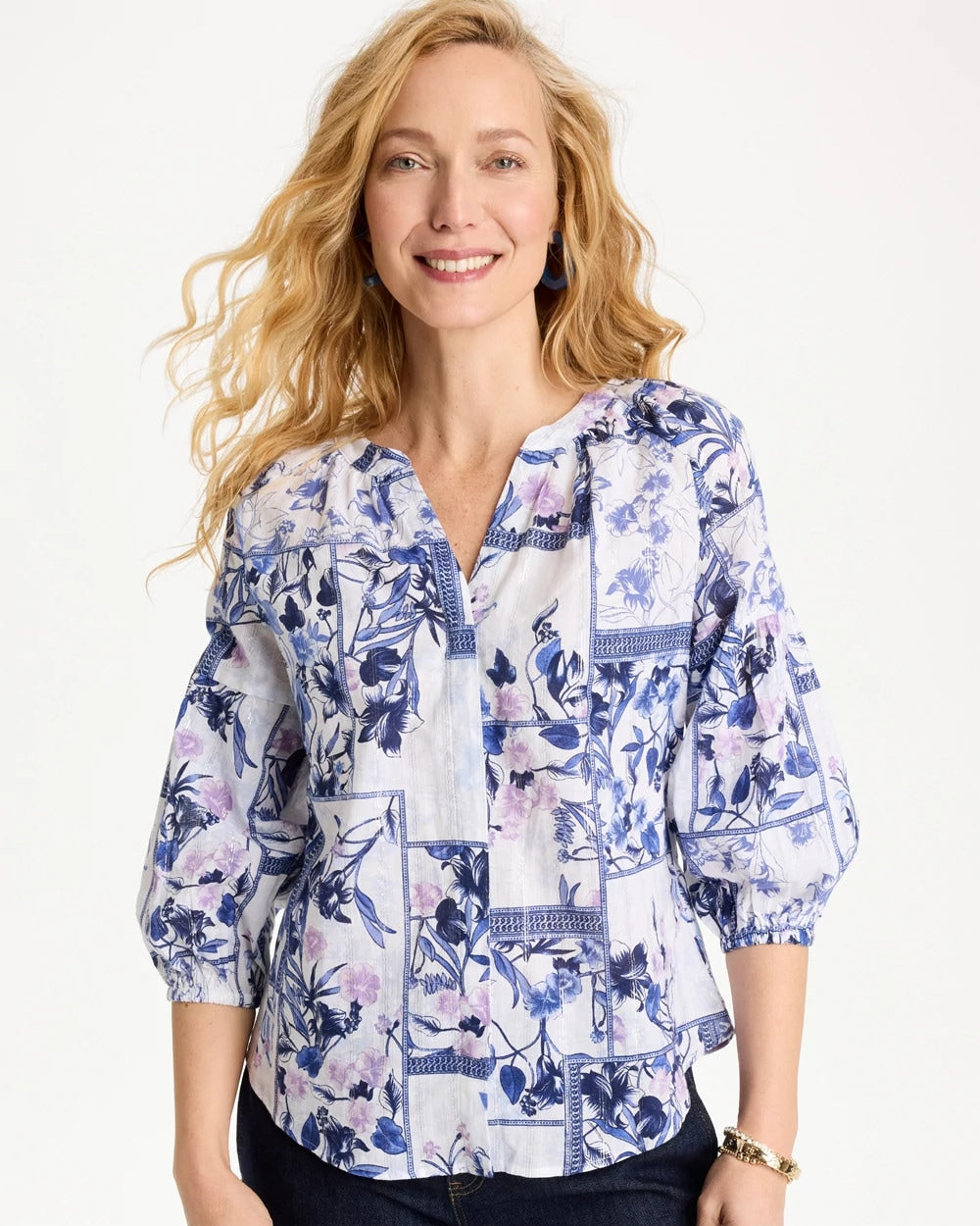 Chico's | Cotton Printed Billow Sleeve Blouse/ Amparo Blue