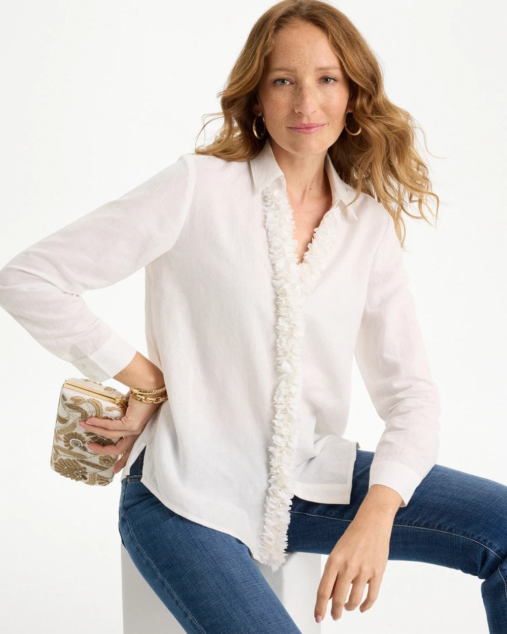 Chico's | Linen Flower Embellished Blouse/ Alabaster