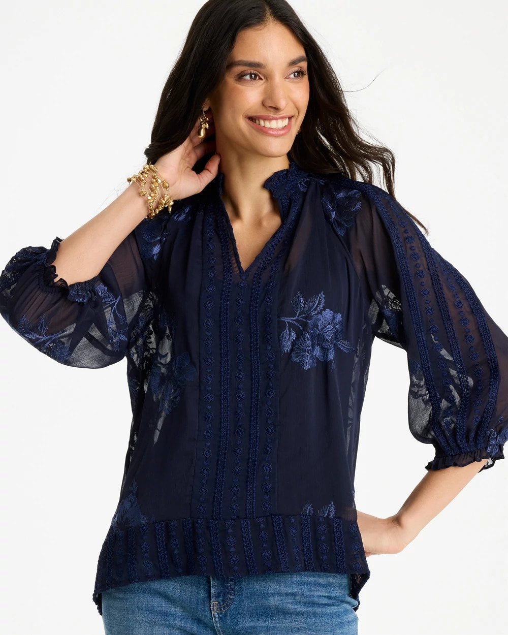 Chico's | Embellished Splitneck Blouse/ Passport Blue