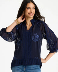 Chico's | Embellished Splitneck Blouse/ Passport Blue