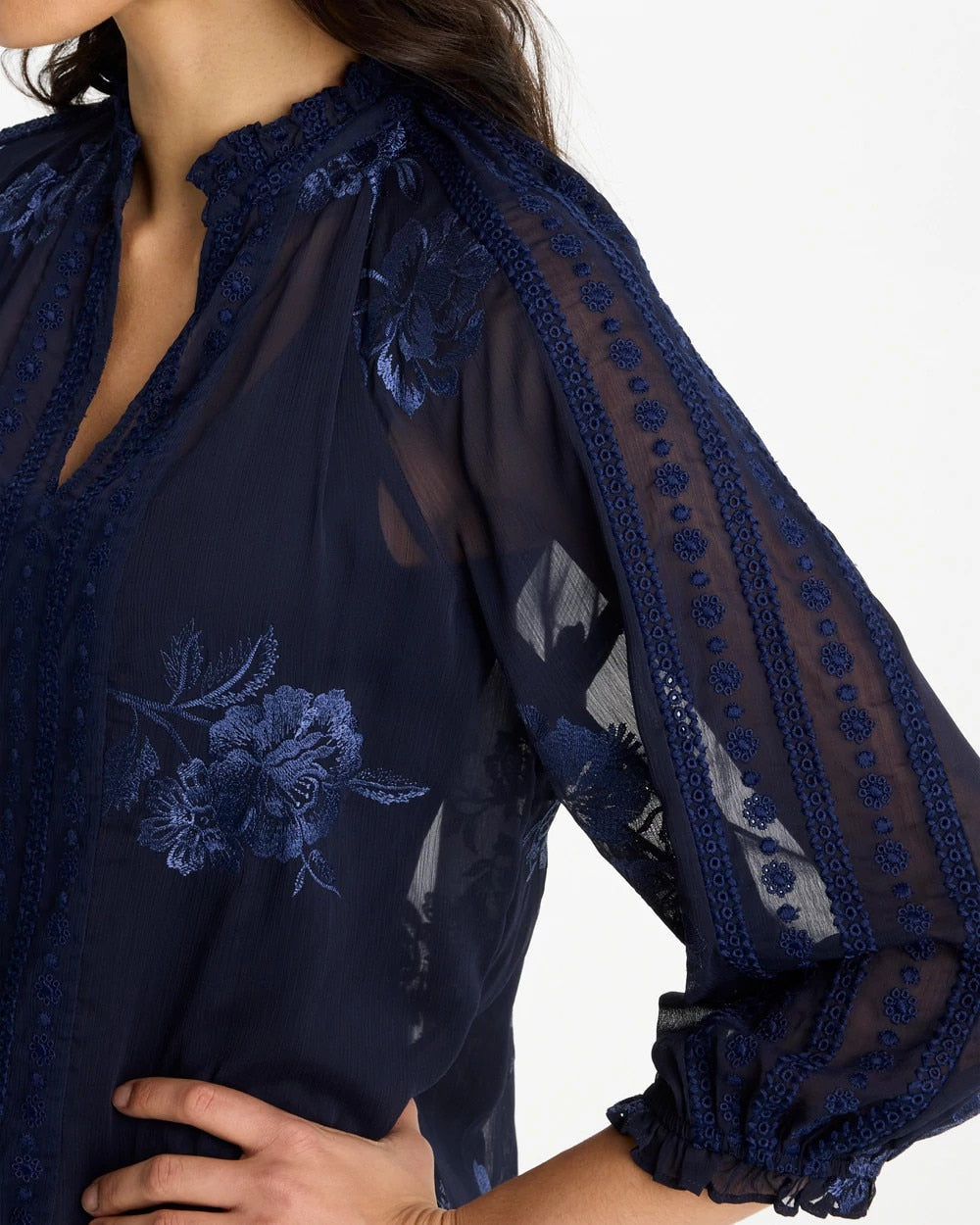 Chico's | Embellished Splitneck Blouse/ Passport Blue