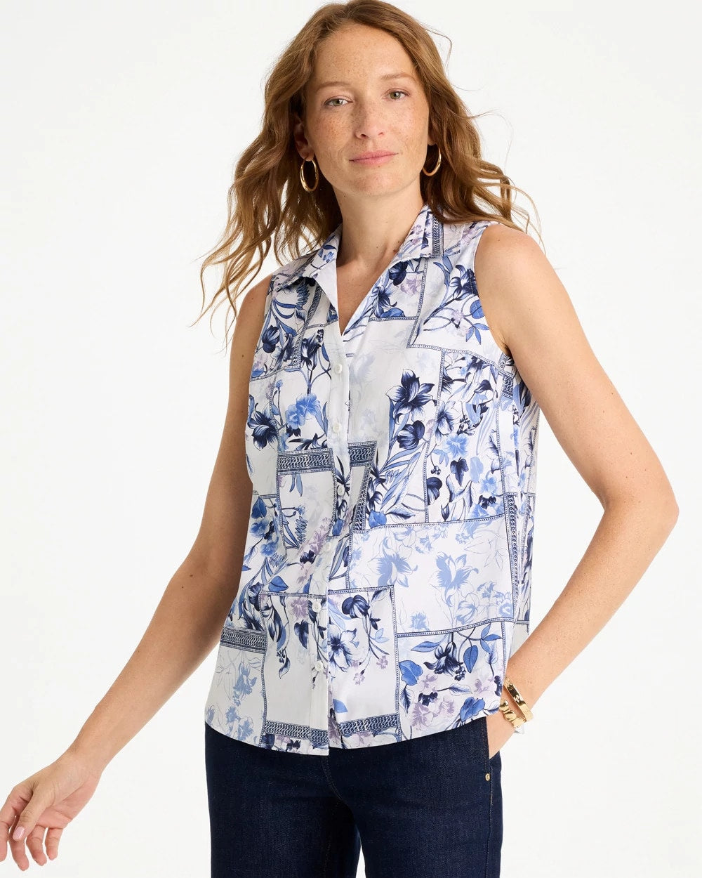 Chico's | Cotton-Blend Classic Printed Sleeveless Shirt/ Amparo Blue
