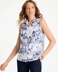 Chico's | Cotton-Blend Classic Printed Sleeveless Shirt/ Amparo Blue