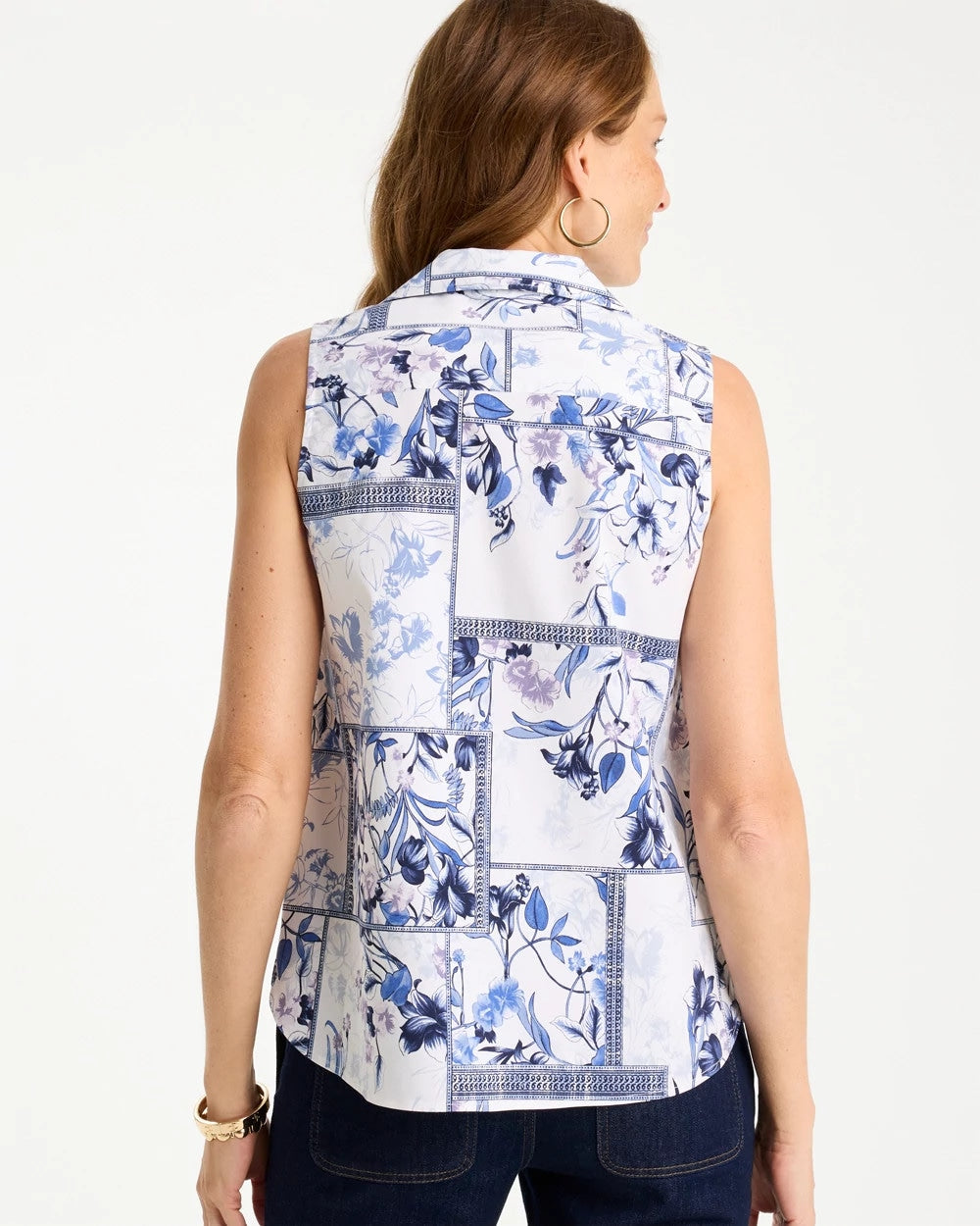 Chico's | Cotton-Blend Classic Printed Sleeveless Shirt/ Amparo Blue