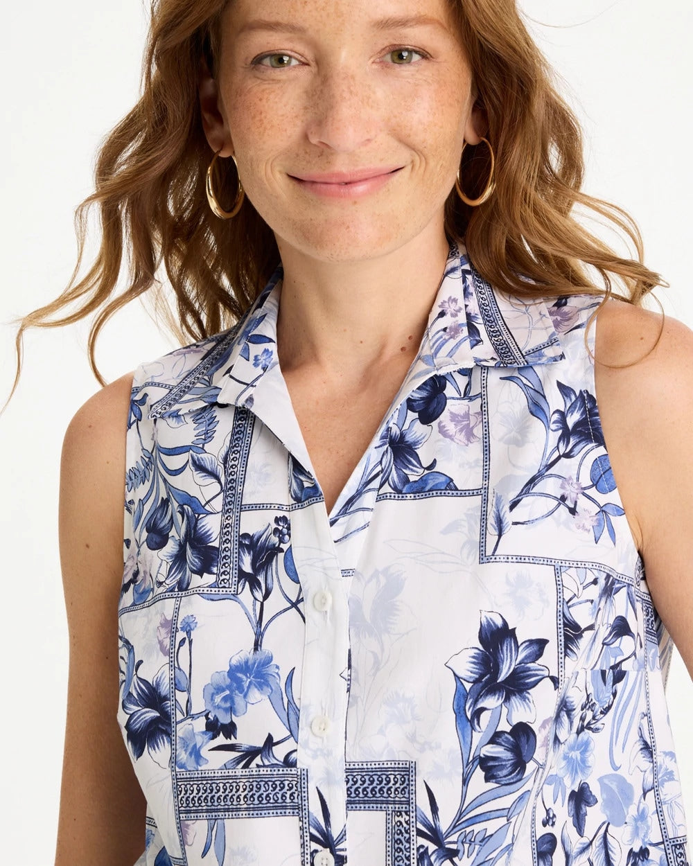 Chico's | Cotton-Blend Classic Printed Sleeveless Shirt/ Amparo Blue