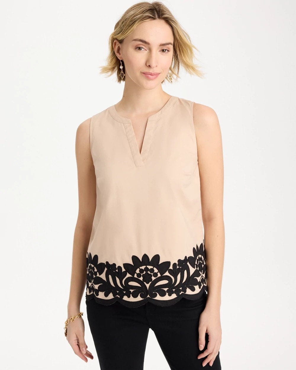 Chico's | Applique Embellished Sleeveless Top/ Tan Bisque