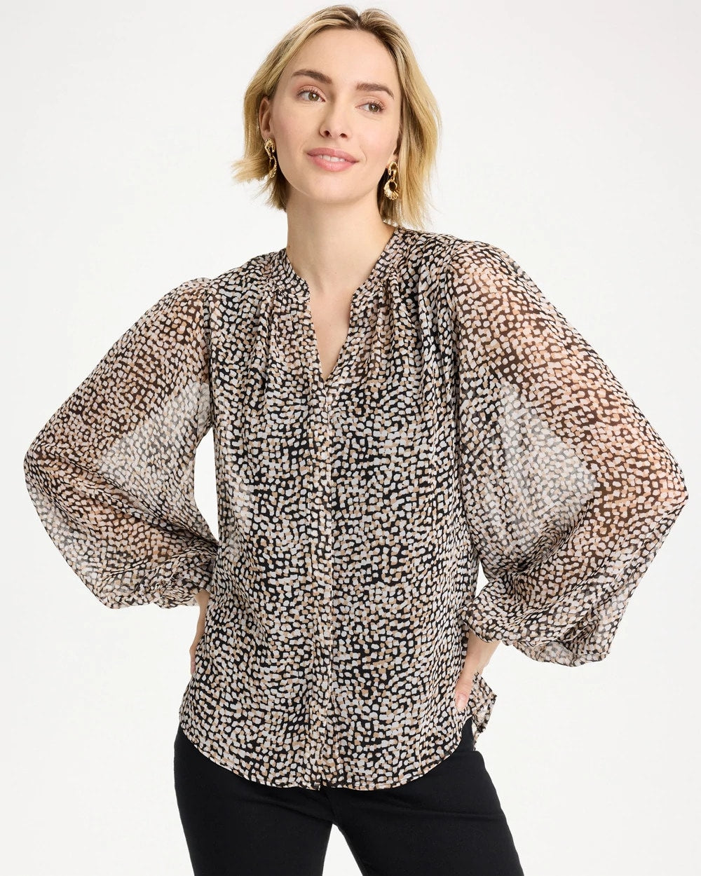 Chico's | Georgette Printed Squares Blouse/ Black