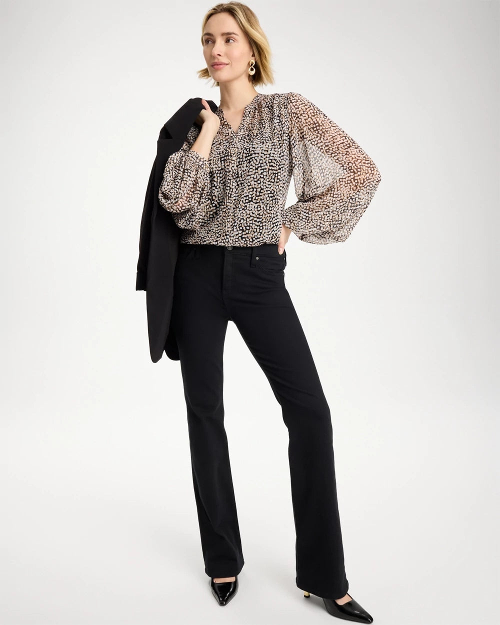 Chico's | Georgette Printed Squares Blouse/ Black