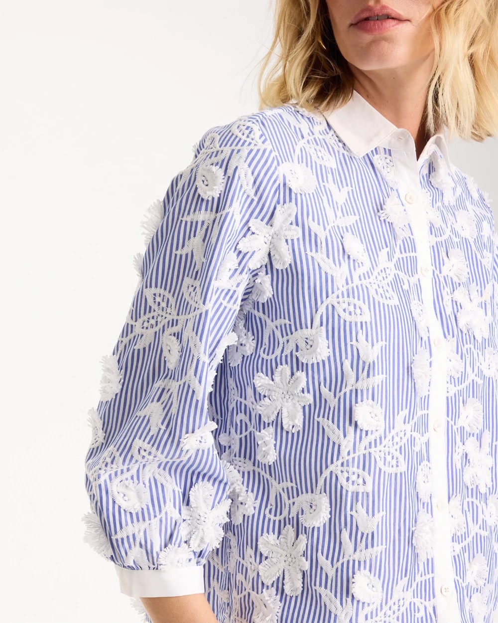 Chico's | Cotton 3D Embroidered Striped Shirt/ Alabaster