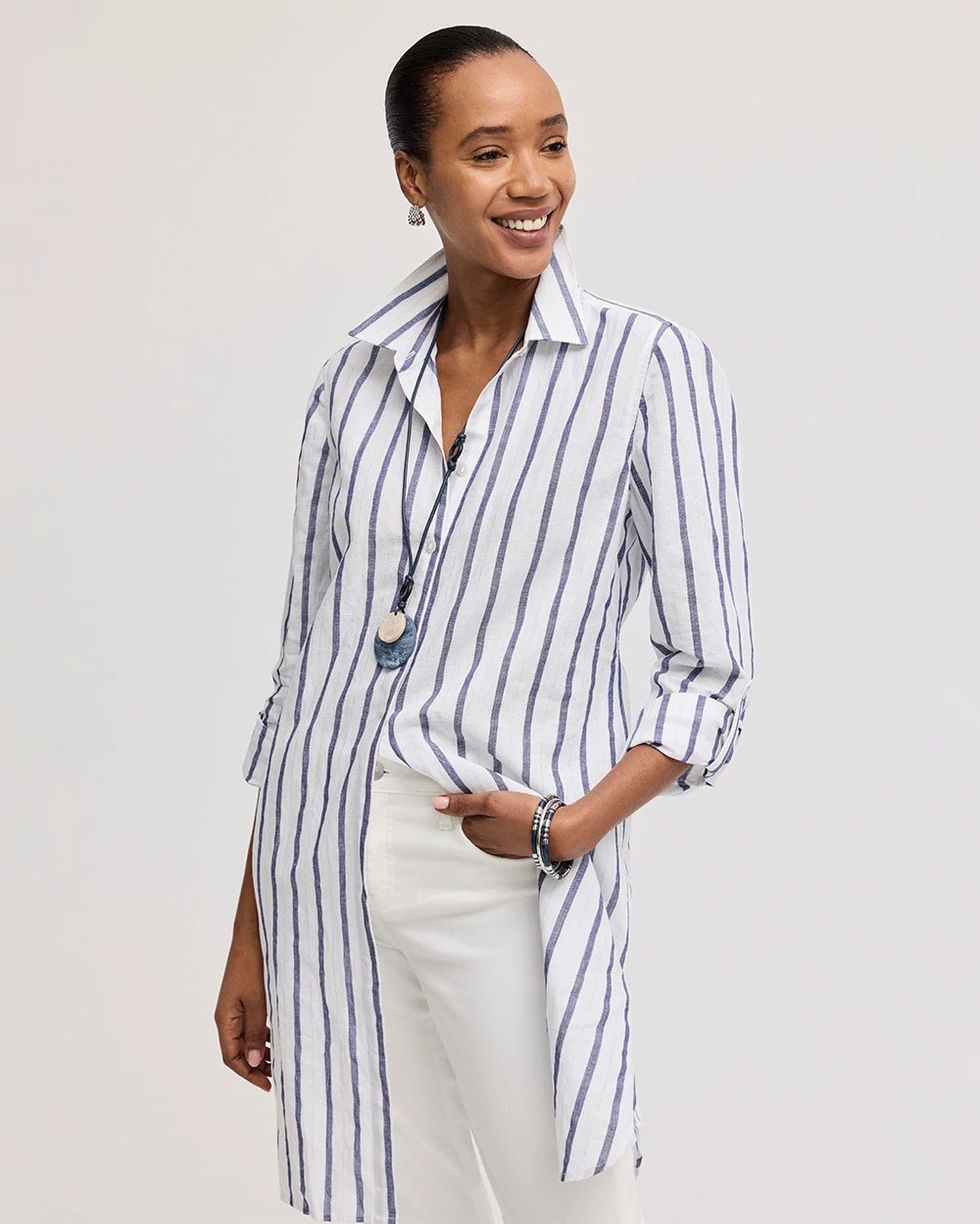 Chico's | Linen Metallic Striped Duster Shirt/ Alabaster