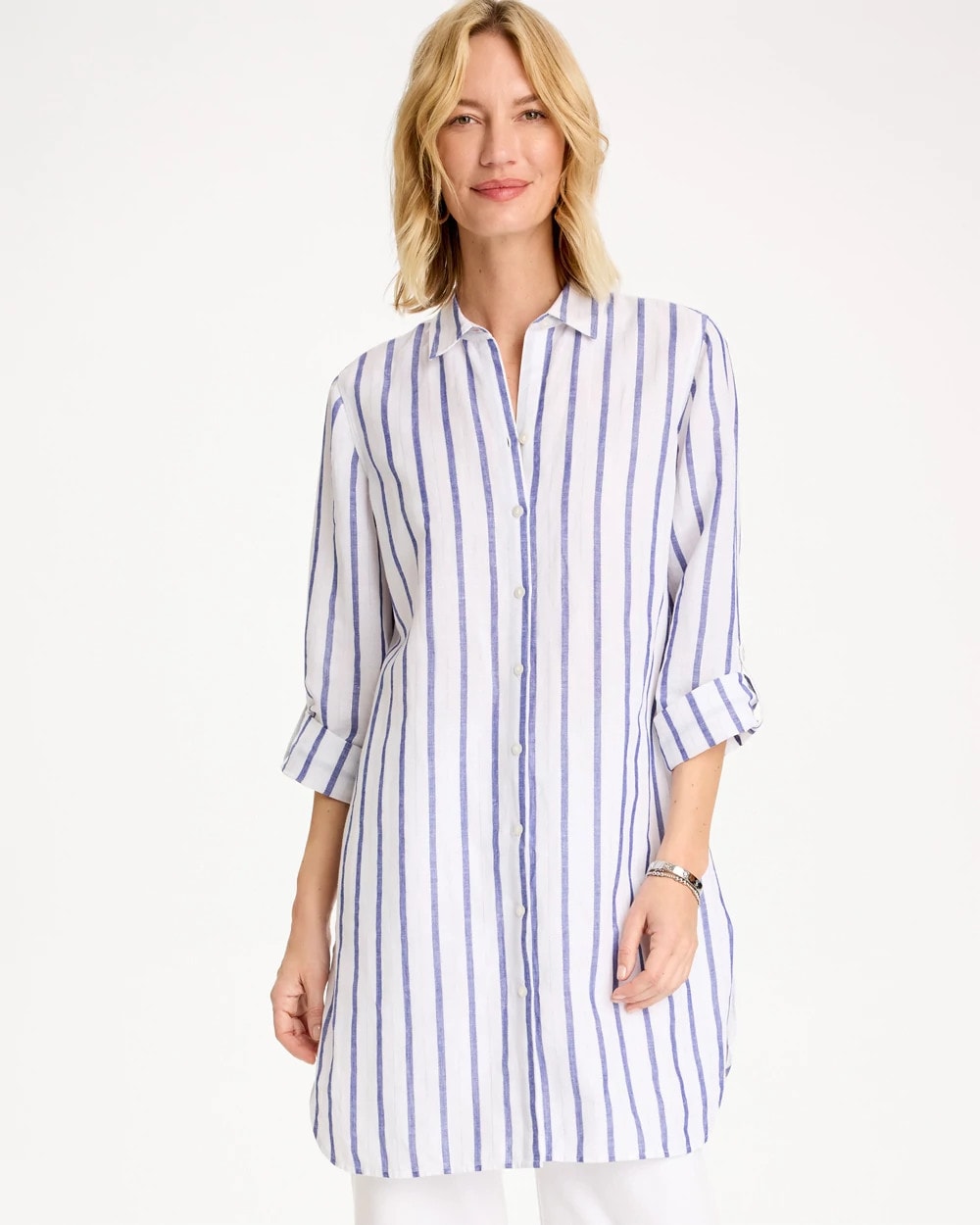Chico's | Linen Metallic Striped Duster Shirt/ Alabaster