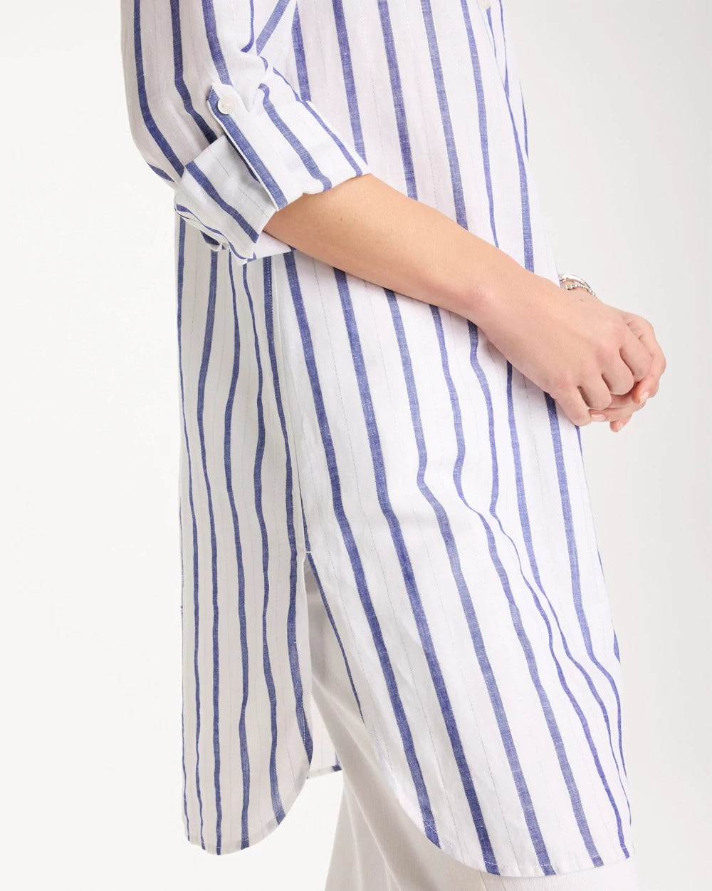 Chico's | Linen Metallic Striped Duster Shirt/ Alabaster