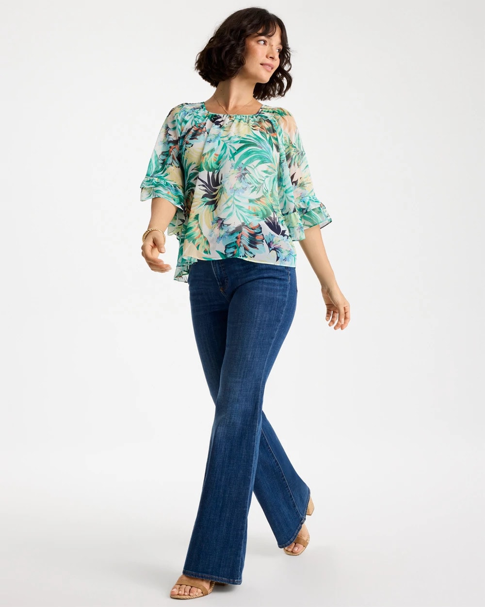 Chico's | Printed Georgette Swing Blouse/ Topanga Green