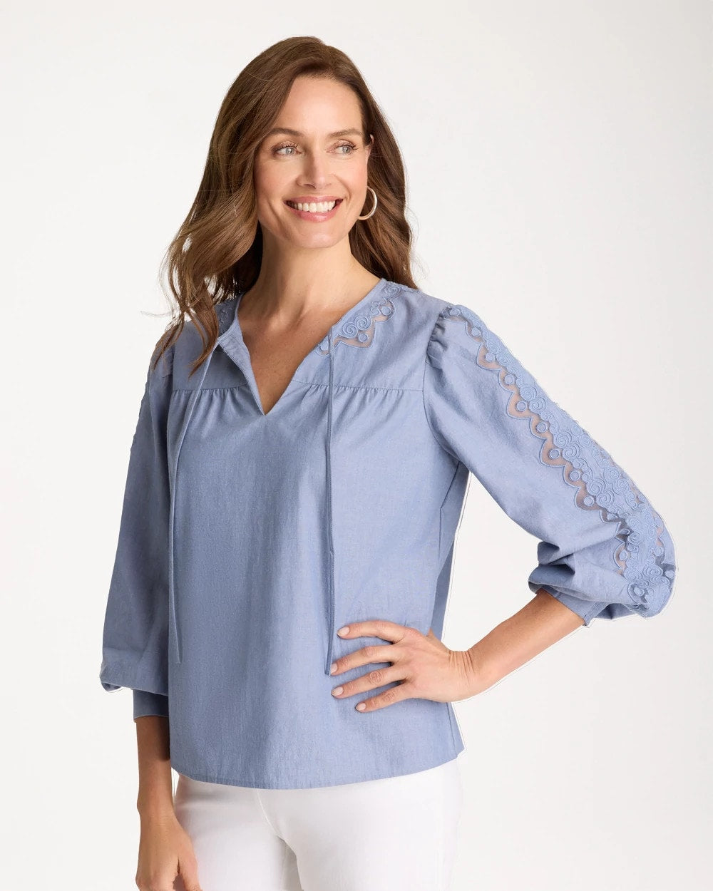 Chico's | Chambray Lace Tie-Front Blouse/ Washed Indigo