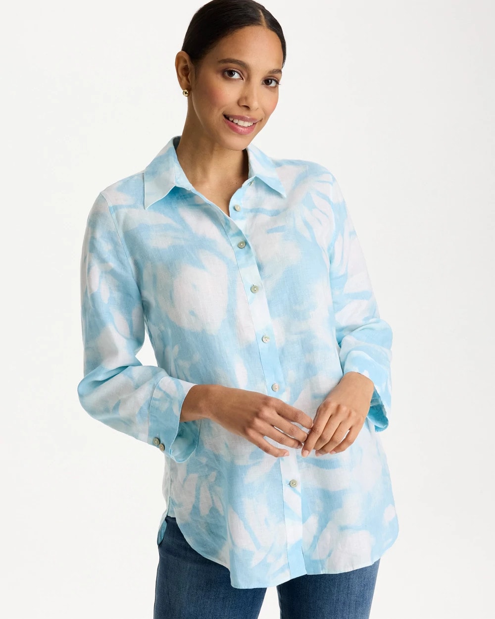 Chico's | Tie-Dye No Iron Linen Shirt/ Blue Haven