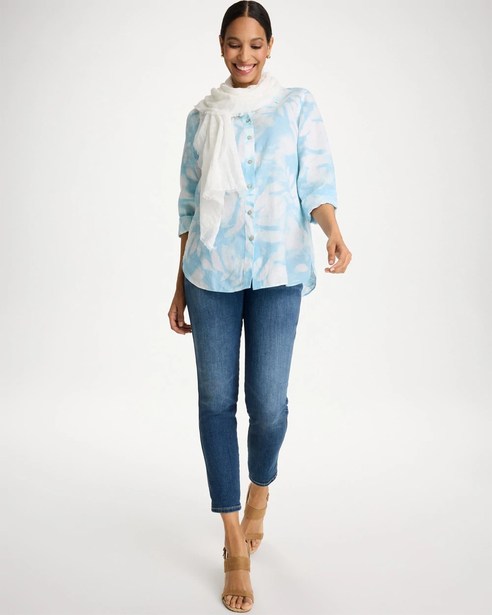 Chico's | Tie-Dye No Iron Linen Shirt/ Blue Haven