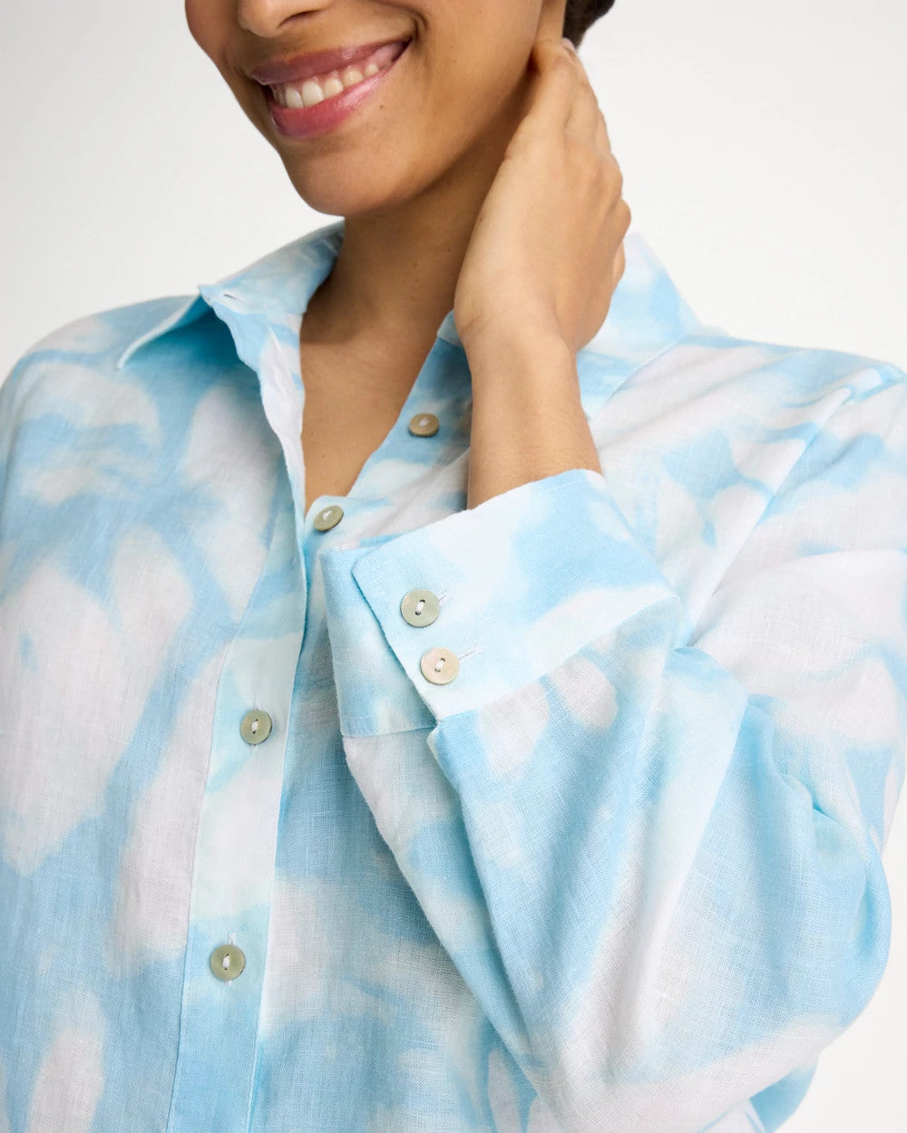 Chico's | Tie-Dye No Iron Linen Shirt/ Blue Haven