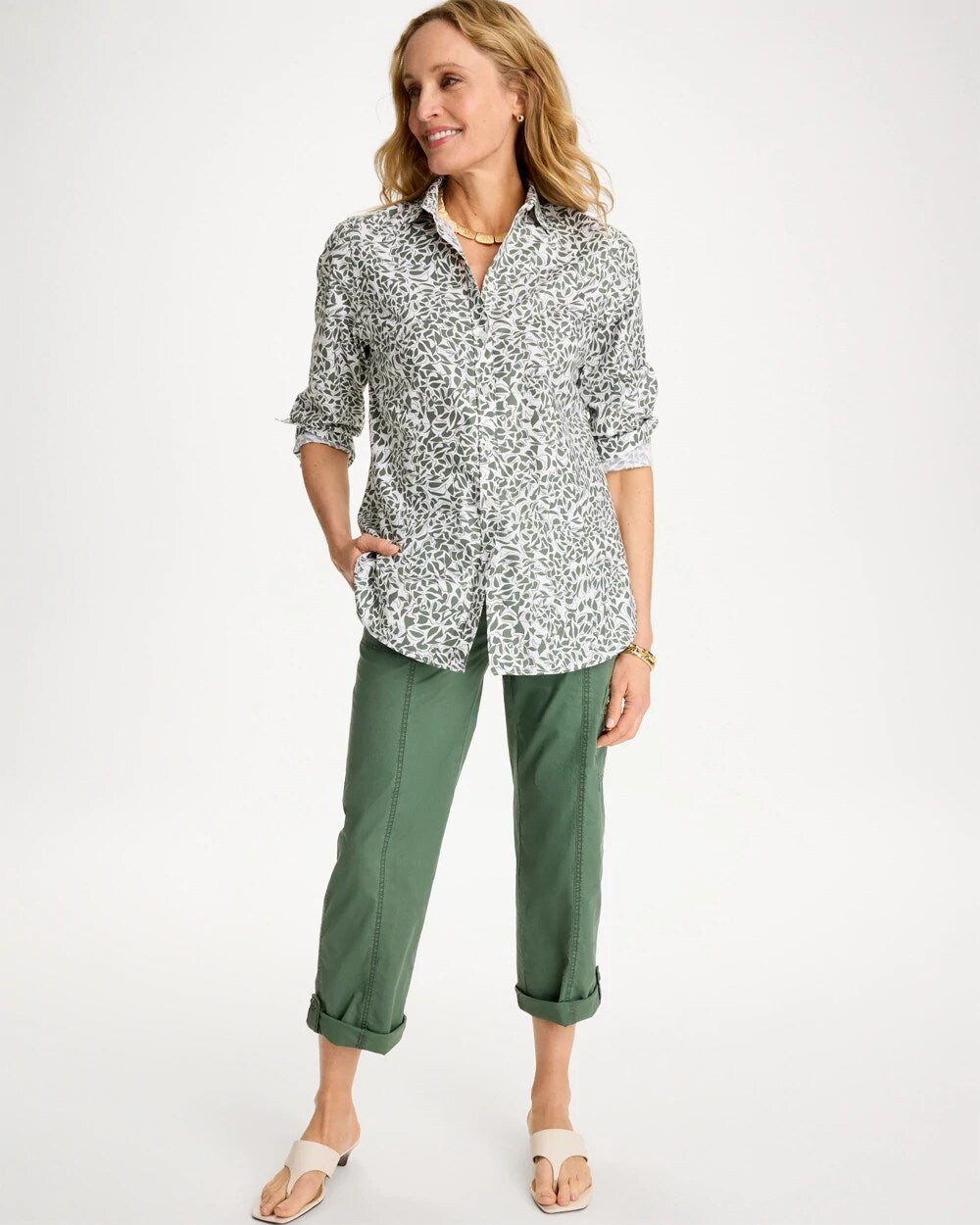 Chico's | Printed No Iron Stretch Shirt/ Kelp Forest